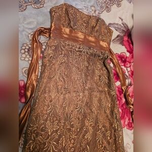 Vintage Elegant Brown And Gold Lace Strapless Dress Evening Gown With Silk Strap